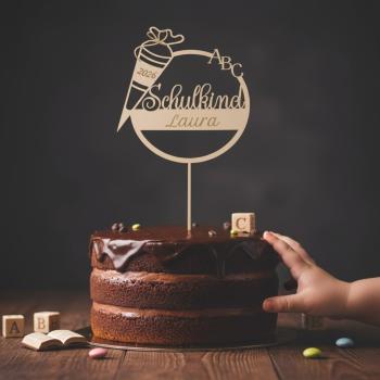 Holz‑Caketopper aus 3 mm Birkensperrholz mit Schriftzug „Endlich Schulkind“ und Schultüte